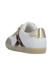 White sneaker with a leopard print accent, gold heel and zipper detail, textured sole, and smooth finish. Side view showcasing design features.
