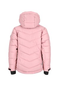 Giacca puffy rosa con motivo a zigzag trapuntato, cappuccio removibile e polsini neri. Presenta un piccolo etichetta con la bandiera svedese sul lato.