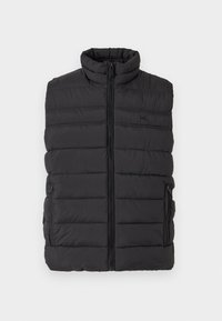 Chaleco acolchado negro con cuello alto, cierre de cremallera y dos bolsillos laterales. La tela tiene una textura suave con detalles de segmentos cosidos.