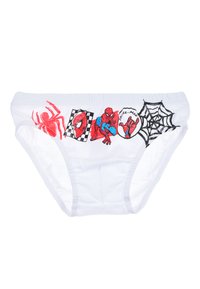 Witte katoenen boxershorts met rode Spider-Man-figuren en webontwerpen, een elastische tailleband en grafische afbeeldingen met een stripthema.