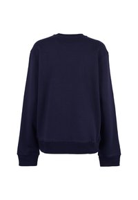 Felpa blu navy scuro con scollatura rotonda, maniche lunghe, polsini e orlo a coste. Tessuto liscio, design semplice, senza motivi aggiuntivi.