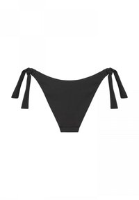 Parte inferior de bikini negra con lazos ajustables a cada lado. Presenta una textura acanalada y un corte bajo, diseñado para un aspecto minimalista.