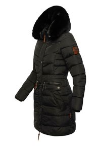 Black padded coat with a faux fur hood, zip and button closures, front pockets, and brown leather accents on the sleeve and waist.