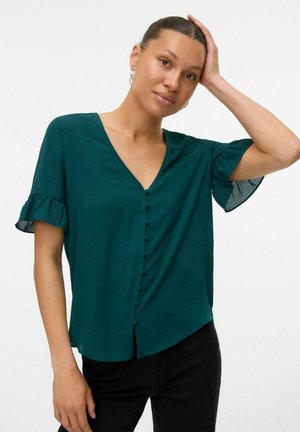 Teal short-sleeve blouse with a V-neck, button front, and ruffled cuffs. Made of lightweight fabric with a smooth texture and relaxed fit.