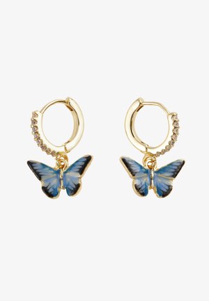 Goldene Creolen mit blauen und schwarzen Schmetterlings-Anhängern mit Emaille-Finish, verziert mit kleinen klaren Edelsteinen.