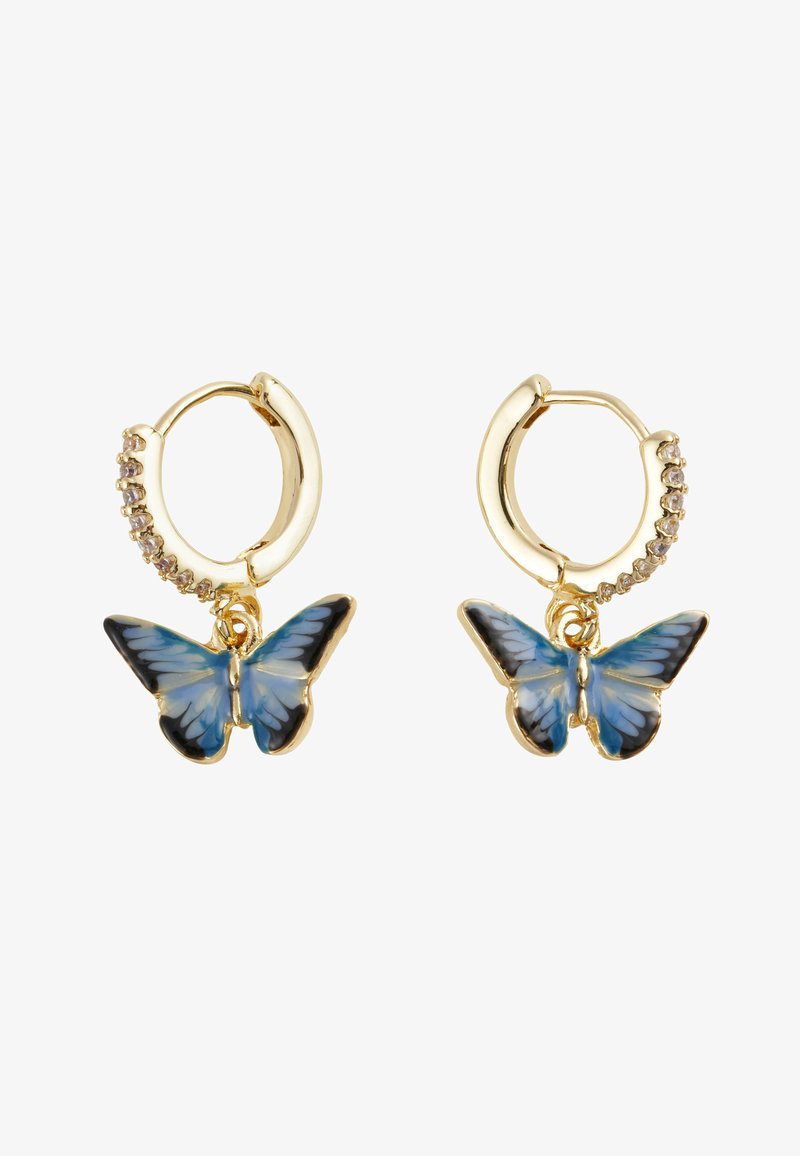 Zelta riņķa auskari ar zilo un melno tauriņu piekariņiem, kuriem ir emaljas apdare, papildināti ar maziem caurspīdīgiem dārgakmeņiem.