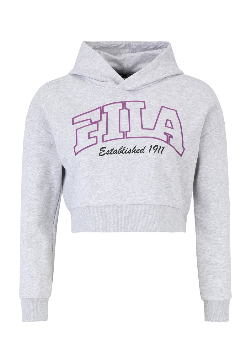 Felpa corta grigia chiara con logo "FILA" contornato di viola e testo "Established 1911" sul davanti, maniche lunghe e polsini a costine.