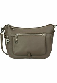 Braune strukturierte Leder Umhängetasche mit einem Reißverschluss oben, vorderer Tasche, silbernem Zubehör und einem verstellbaren Tragegurt.