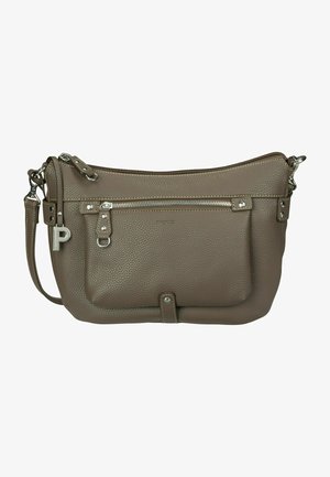 Brown textured leather crossbody bag with a zippered top, front pocket, silver hardware, and an adjustable strap.