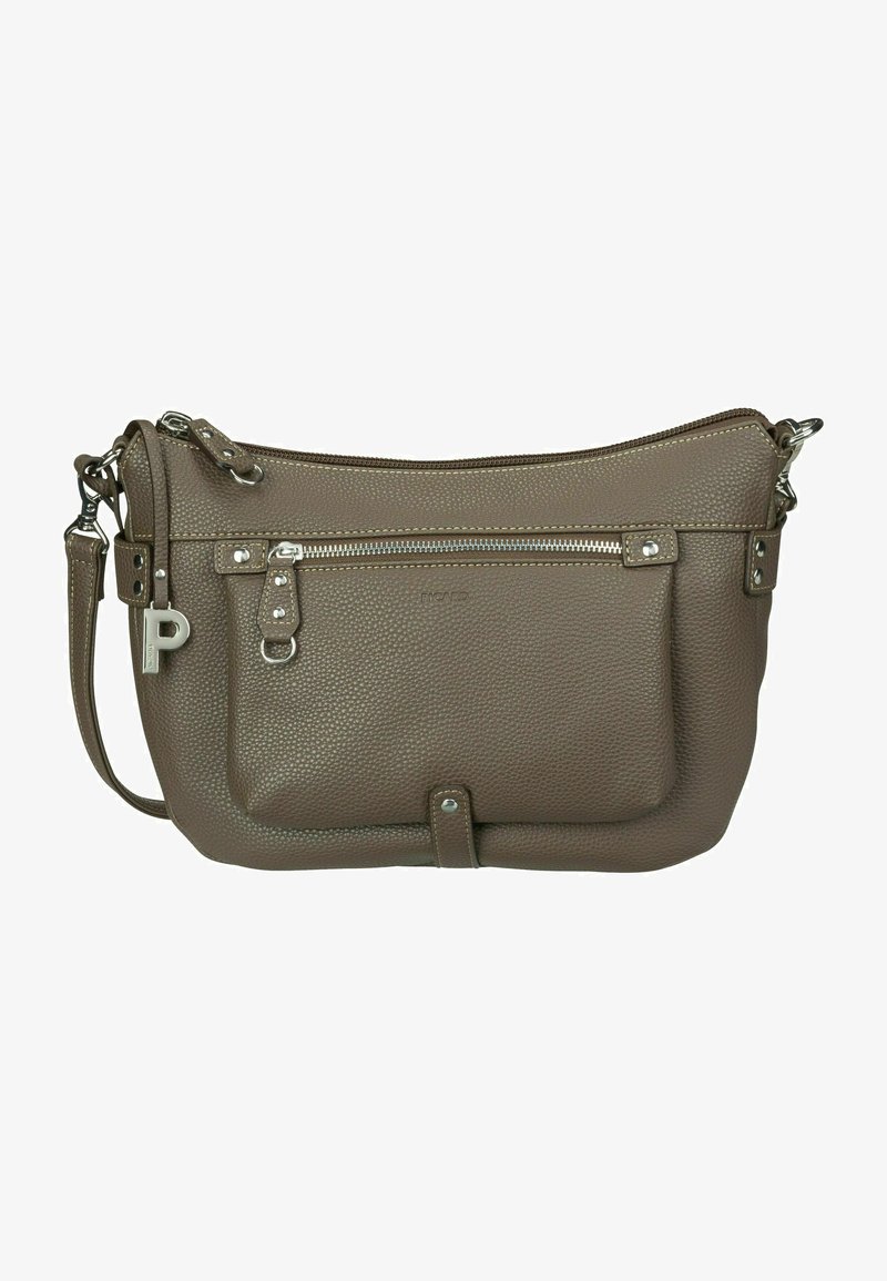 Borsa a tracolla in pelle marrone con texture, chiusura superiore con zip, tasca frontale, dettagli in argento e tracolla regolabile.