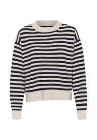 Pull rayé avec une palette de couleurs bleu marine et crème, col rond côtelé, et manches longues avec une coupe décontractée. Texture tricotée douce.