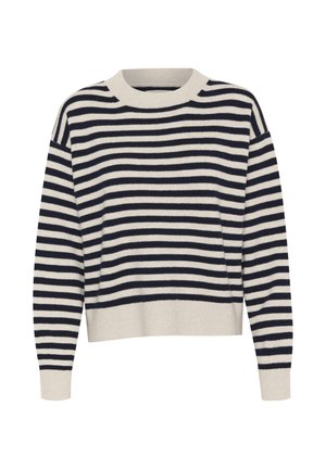 Gestreifter Pullover in navy und creme, mit geripptem Rundhalsausschnitt und langen Ärmeln in lockerem Schnitt. Weicher Strickstoff.