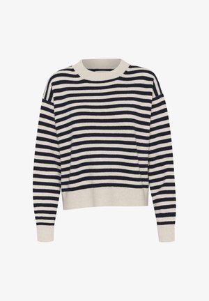 Triibuline sveter, milles on tumesinine ja kreemi värviskeem, soonikuga ümar kaelus ja pikad varrukad, millel on mugav lõige. Pehme kudumitekstuur.