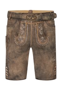 Brown leather shorts with intricate embroidered patterns and a belt. Features front pockets and decorative buttons on the side.