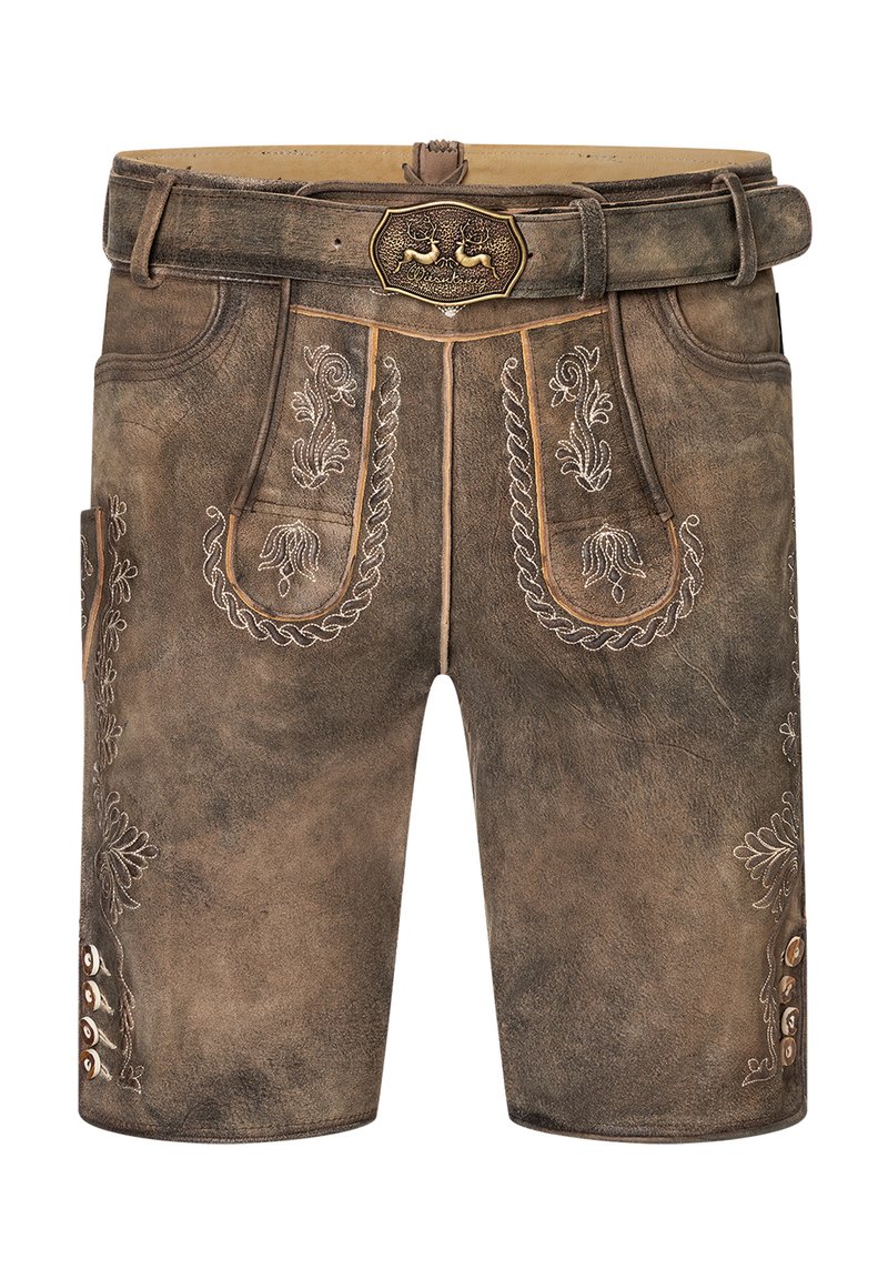 Brown leather shorts with intricate embroidered patterns and a belt. Features front pockets and decorative buttons on the side.