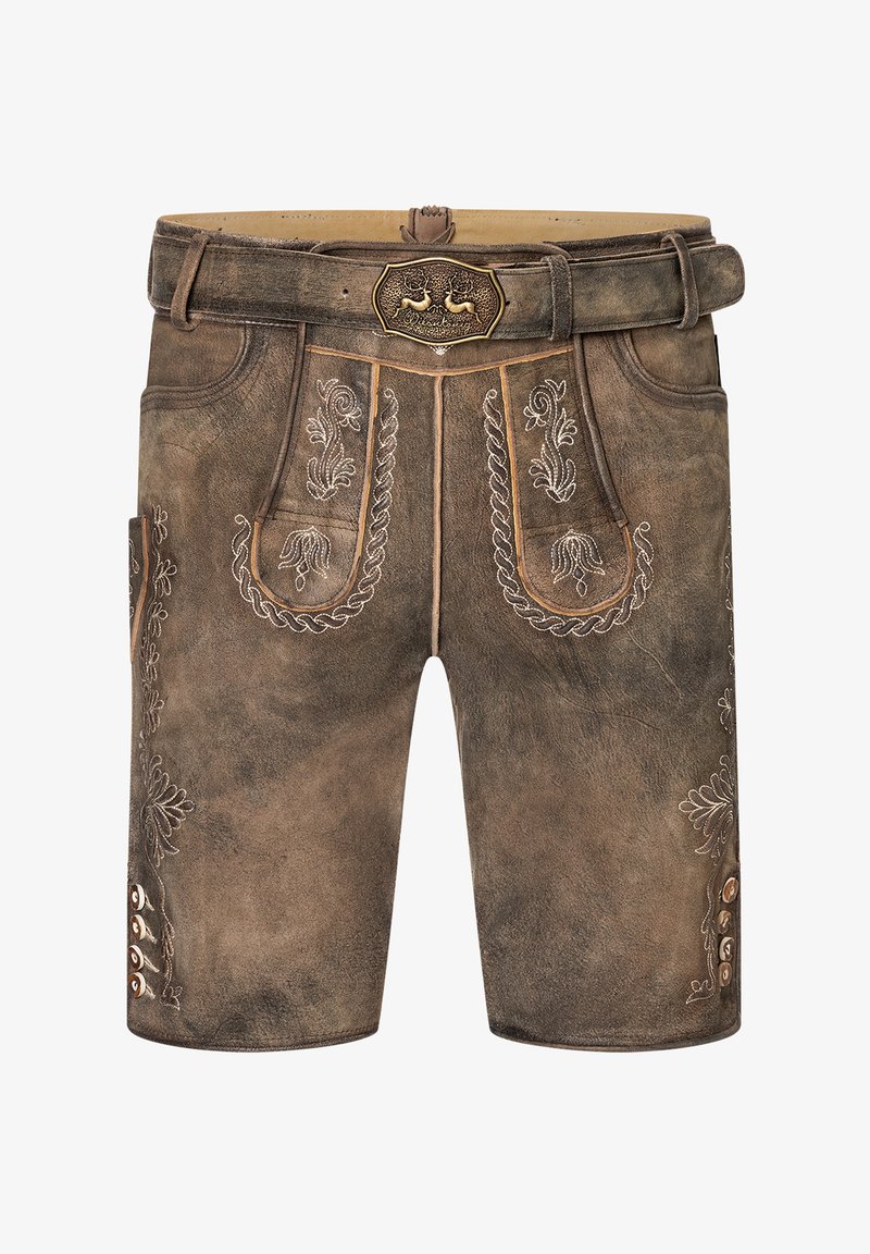 Brown leather shorts with intricate embroidered patterns and a belt. Features front pockets and decorative buttons on the side.