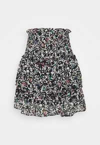 Falda de flores en blanco y negro con cinturilla elástica. Presenta patrones florales coloridos sobre una tela transparente y un diseño en capas.
