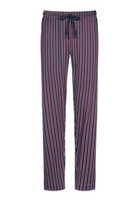 Pantaloni blu navy con strisce verticali rosse e bianche, dotati di una vita elastica con cordoncino e un design a vestibilità rilassata.