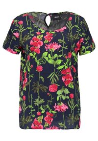 Blumiges Kurzarmoberteil mit navyblauem Hintergrund, lebhaften rosa und grünen Blumenmustern sowie einem Schlüssel-Ausschnitt im Dekolleté.