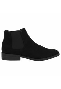 Botín de ante negro con paneles laterales elásticos, una forma elegante y un tacón bajo apilado. Textura suave y diseño minimalista.