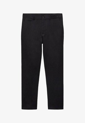 Zwarte broek met een gladde, matte textuur. Getailleerde pasvorm, enkele knoopsluiting en twee voorzakken. Strak, eenvoudig ontwerp.