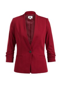 Blazer ligero rojo con mangas largas, escote en V profundo, cierre de un solo botón y dos bolsillos laterales. Tejido suave con un corte entallado.