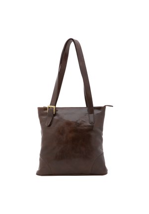 Borsa tote in pelle marrone con finitura lucida, due manici per spalla, forma rettangolare e angoli angolari. Presenta una fibbia in hardware dorato.