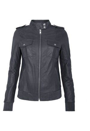 Black leather jacket with front zipper, two flap chest pockets with snap buttons, shoulder epaulets, and ribbed cuffs and hem.