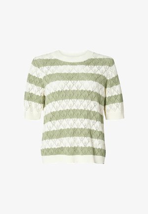 Lagani trikotažni pulover kratkih rukava s izmjeničnim zelenim i bijelim prugama, ukrašen dizajnom s listovima i okruglim izrezom.