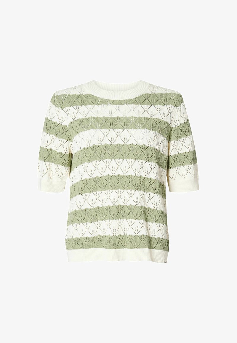 Lättstickad kortärmad tröja med växlande gröna och vita ränder samt ett bladmönster och rundad halsringning.