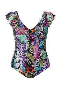 Maillot de bain une pièce avec un motif coloré aux couleurs vives, y compris le violet, le vert et le noir, et des accents à volants aux épaules.
