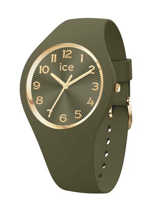 Olivgrüne Armbanduhr mit goldenem Rand, goldenen Zahlen und Zeigern, die die Zeit 10:10 anzeigen, mit Silikonarmband und Schnalle.