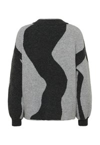 Grey and black patterned sweater with a rounded neckline, long sleeves, and a relaxed fit, featuring a wavy design and soft texture.