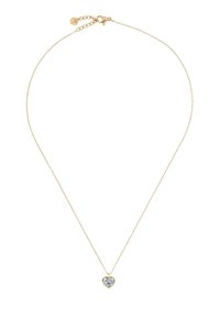 Goldene Halskette mit einem herzförmigen Anhänger, der mit einem einzelnen klaren Edelstein verziert ist, zeichnet sich durch ein poliertes Finish und zarte Glieder aus.