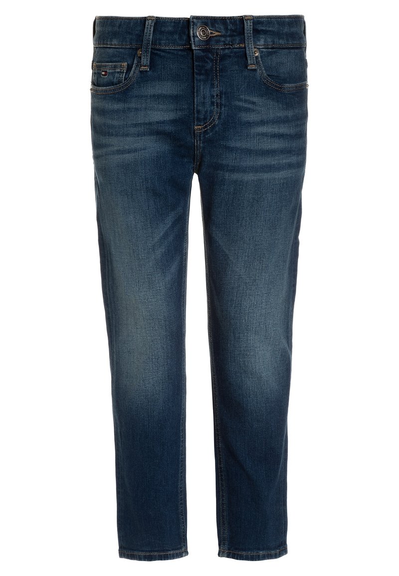 Tummansininen farkkuhousut suoran lahkeensuunnan leikkauksella, varustettuna nappisulkimella, viidellä taskulla ja hienovaraisella haalistumisella reiden kohdalla.