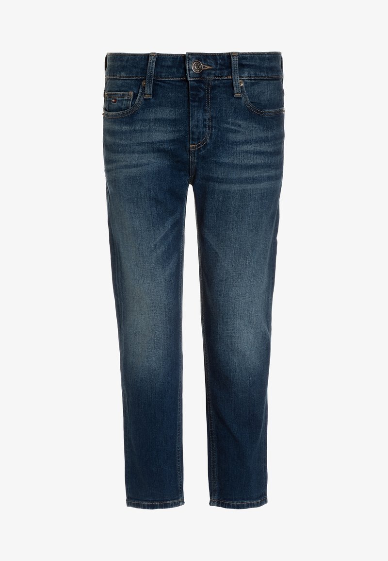 Tummansininen farkkuhousut suoran lahkeensuunnan leikkauksella, varustettuna nappisulkimella, viidellä taskulla ja hienovaraisella haalistumisella reiden kohdalla.