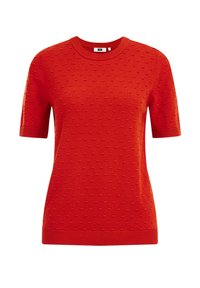 Pull court à manches courtes rouge avec des points texturés, un col rond et des bords côtelés aux manches et à l'ourlet. Tissu doux avec une coupe ajustée.