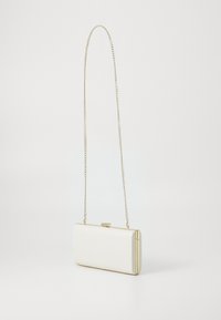 White rectangular clutch with a gold chain strap, featuring a smooth texture and a clasp closure. Minimalist design with clean lines.