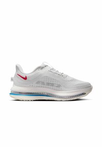 Chaussure de sport blanche avec une tige en maille texturée, logo rouge en accent, amorti d'air visible et soulignement bleu sur la semelle.