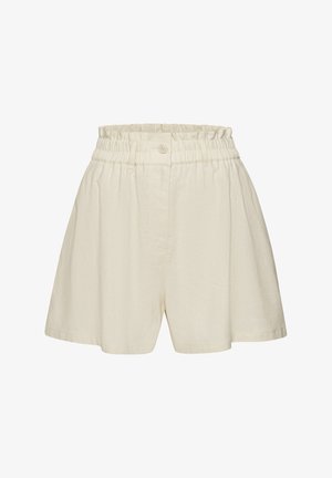 Pantalones cortos de color crema, hechos de una tela suave, con cintura elástica y botón, diseño plisado y un ajuste amplio y relajado.