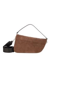 Borsa a tracolla in pelle scamosciata marrone con forma rettangolare, dotata di tracolla nera regolabile e cerniera argento. Materiale morbido e con texture.