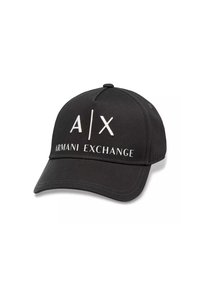 Casquette de baseball noire en tissu avec une visière incurvée. Présente un logo blanc "A/X" et "ARMANI EXCHANGE" brodé sur le devant.