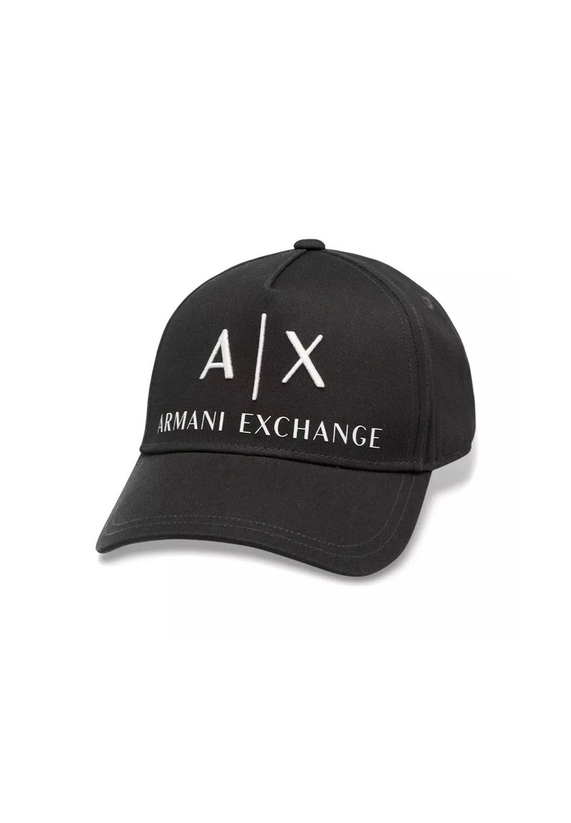 Casquette de baseball noire en tissu avec une visière incurvée. Présente un logo blanc "A/X" et "ARMANI EXCHANGE" brodé sur le devant.