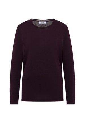 Burgunderrotes Langarmshirt mit rundem Halsausschnitt, aus weichem Stoff gefertigt. Verfügt über gerippte Bündchen und einen Saum für eine figurbetonte Passform. Etikett am Halsausschnitt sichtbar.