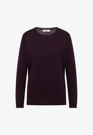 Burgunderrotes Langarmshirt mit rundem Halsausschnitt, aus weichem Stoff gefertigt. Verfügt über gerippte Bündchen und einen Saum für eine figurbetonte Passform. Etikett am Halsausschnitt sichtbar.