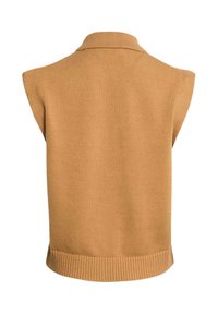 Beiger gestrickter ärmelloser Pullover mit flachem Kragen, geripptem Saum und strukturierter Stoff. Glatte Oberfläche, lässiges Design, Rückansicht.