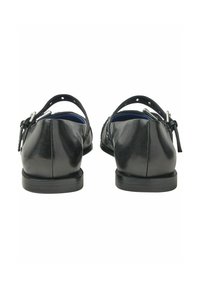 Black leather shoes with a smooth finish, two back straps, and a low rubber sole. Features a subtle shine and blue interior lining.