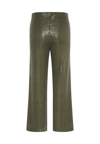 Olijfgroene, hoge taille, wijde broek met een glanzend, textuur oppervlak en verspreide pailletten.