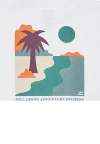 Abstrakcyjny krajobraz z purpurową palmą, turkusową rzeką, pomarańczowymi wzgórzami, turkusowym słońcem i napisem "Billabong Adventure Division" poniżej.