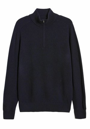 Mörkblå zip-neck tröja med långa ärmar, tillverkad av mjukt tyg. Har en hög krage och ribbade ärmar och nederkant.